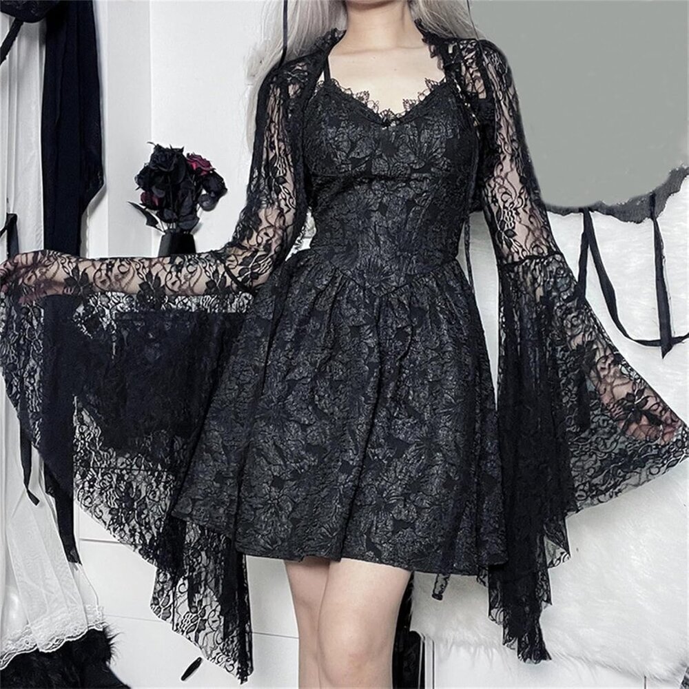 Women's Black 3 Goth Bell Long Sleeve Bolero Shrug Crop Top - Picture 2 of 7